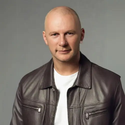 Mr Bennett looking into the Camera with a leather Jacket on.