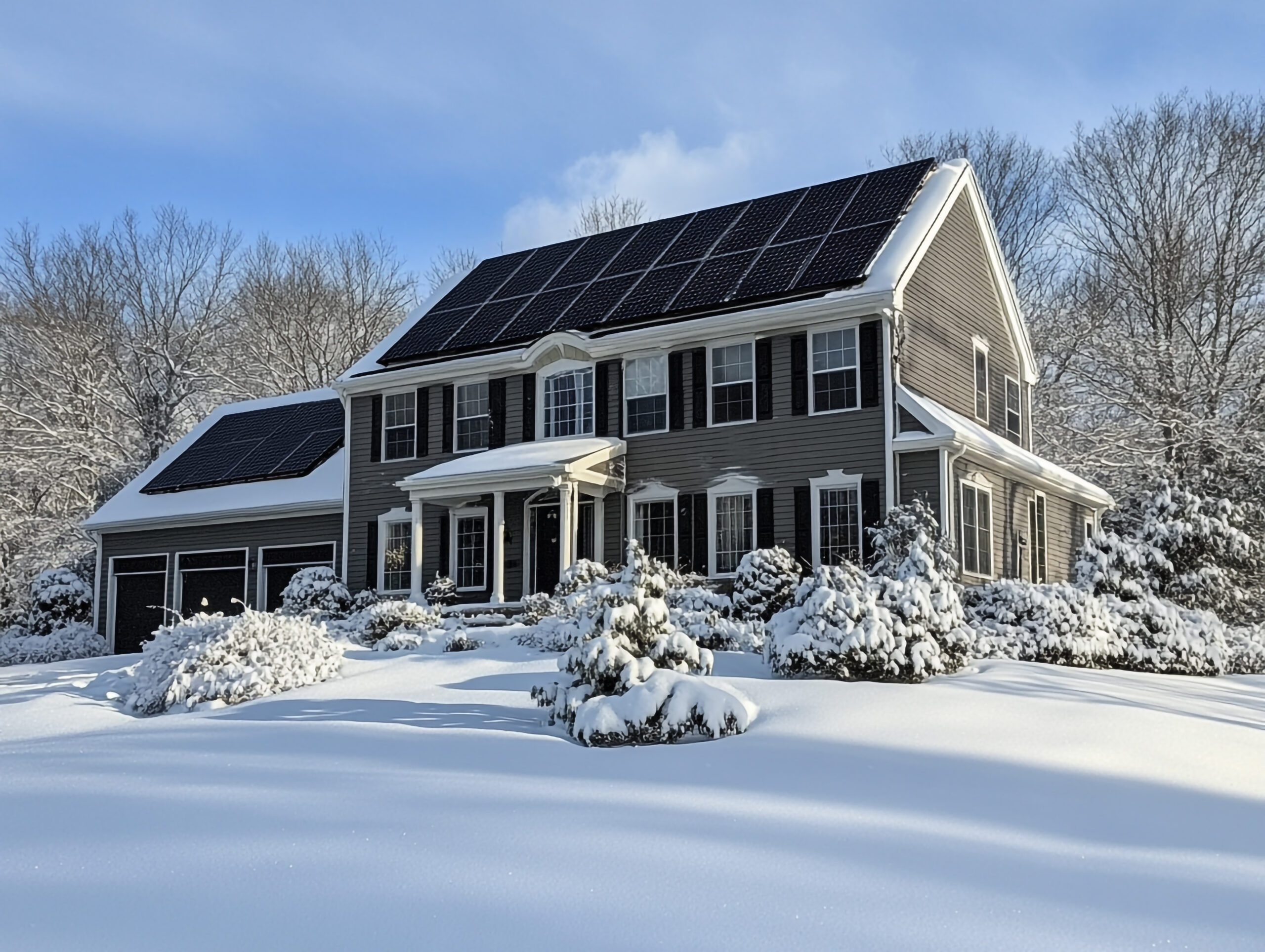 front view of a beautiful modern farmhouse surrounded by snow and covered in solar panels